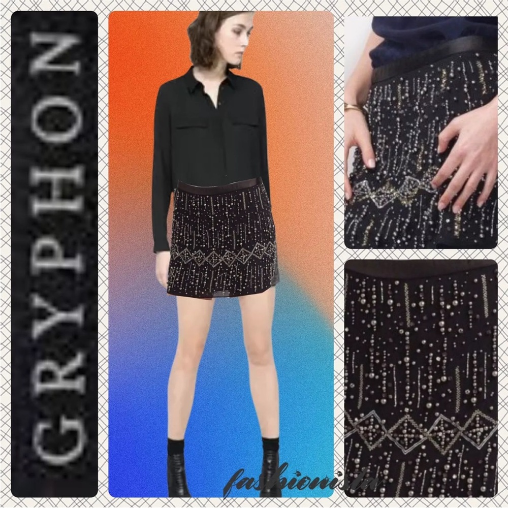 Gryphon Women's Silk Beaded Lined Glitz Mini Skirt Black Size XS
